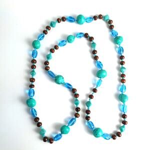Glass, Wood, Stone Turquoise Blue Beaded 23" Long Necklace, Estate Jewelry